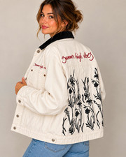 ZARA Women’s White Jean Jacket Black Collar Floral Embroidered Relaxed M picture
