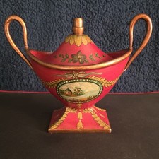 Vtg Red Toleware Chestnut Urn Tea Caddy Hand Painted Scenic Medallion Regency picture