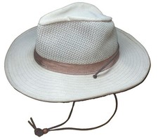 VTG Orvis Mens XL Beige Mesh Safari Hat Tan Canvas Leather Band USA Made picture