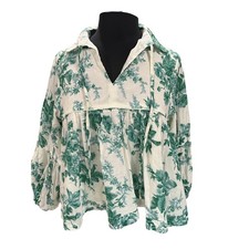 &merci Green Toile Floral Babydoll Blouse Cotton V-Neck Puff Sleeve Top Small picture