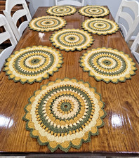 Vtg Handmade 70s Style Crochet Placemats Set of 8 Round Boho Olive Green Mustard picture