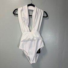 SHEIN SXY White Deep V Neck Halter Ruched Bodycon Bodysuit Large New picture