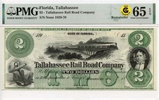 1859-70 $2 Tallahassee, Florida Obsolete Note Rail Road Company PMG GEM 65 EPQ picture