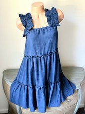Oddy S Mini Dress Babydoll Tiered Ruffle Blue Swing Small Peasant Ruffle Strap picture