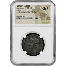 DIVUS AUGUSTUS AE as. Struck under Tiberius. 34-37 AD. Winged thunderbolt NGC F picture