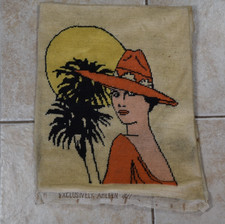 Vintage Finished Needlepoint Beach Woman Portrait Sunset Palm Trees Arleen picture