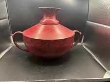 Vintage Indian Lacquered Iron Lidded Red Black Distressed Metal Pot 9” picture