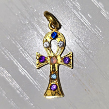 Vintage 14k Yellow Gold Multi-Gemstone Ankh Pendant - Unworn c. 2001 picture