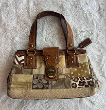 Rare Vintage Coach Patchwork Beige Brown Satchel Turn Lock Brass Charm 10816 picture