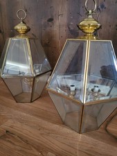Vintage Pair Brass Glass Hexagon Foyer Lantern Pendant Lights 3 Light Rewired picture