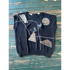 Vintage Margules Black Knit Sweater Vest Geometric Animal Print Mixed Media M picture