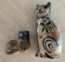 Tonala Mexico Vtg Pottery Cat Figurines Lot Of 2 Kitties picture