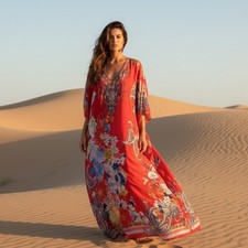 Camilla Round Neck Kaftan One Size Red Silk Floral Oriental picture