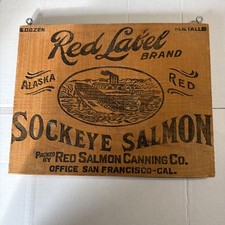 Vintage Cannery Red Label Salmon Alaska Wood Crate Shipping Box End  picture