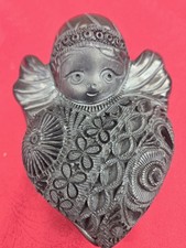 Vintage Oaxaca Mexican Carved Black Clay Pottery Lidded Box Heart Shape Angel picture