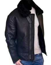 Men's RAF B3 Bomber Flight Aviator Fur Wool Shearling Black Leather Jacket Coat picture