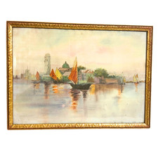Antique 1919 Watercolor Painting Signed Original Venetian Style Harbor Sailboats picture