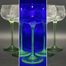 Uranium Glass 5pc Grape Cluster Etched Crystal Wine Glasses c1930s USA 6.5