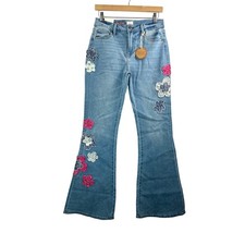 Driftwood Fiora Flare jeans sz 6 Blue Boho Floral embroidered Applique western picture