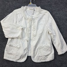 Chico's Linen Cotton Fringe Open Front Jacket Sz 3 White Quiet Luxury Clean Girl picture