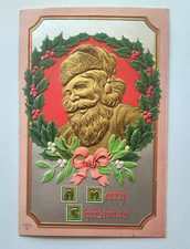 Vintage 1910s Christmas Postcard SANTA CLAUS FACE Gold Face Embossed picture