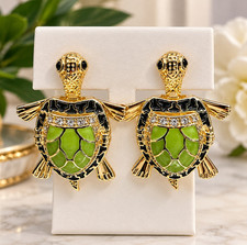 Turtle Clip-On Stud Earrings Gold Green Black Enamel with Clear Crystals picture