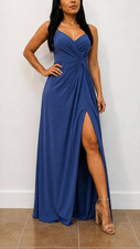 Morilee Madeline Gardner Sapphire Chiffon Maxi Dress Slit V-Neck Women's Size 14 picture
