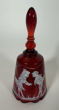 Fenton Ruby Red Glass Mary Gregory Bell Hand Painted Signed D Fredrick Boy Girl picture