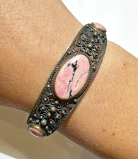 Vintage C 1988 URSS Rhodonite Cabochon Silver Filigree Hinged Artsy Bracelet picture