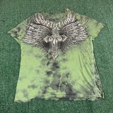 Affliction Live Fast Wings Cross T Shirt Green Tie Dye Mens 3XL Distressed Y2K picture