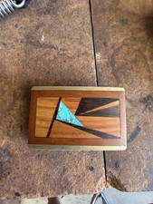 Vintage Sky West Brass Belt Buckle Wood Inlay Turquoise Geometric Southwest picture
