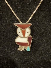 Vintage Zuni Sterling Silver Natural Multi Stone Inlay Owl Pendant Necklace 17” picture