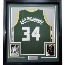 Framed Autographed/Signed Giannis Antetokounmpo 35x39 Green Jersey JSA COA picture