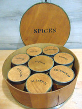 Rare 19th. Century Round Spice Box w 8 Tin Wrapped Wooden Spice Containers picture