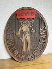 Rare Vintage 1970s Levi’s Saddleman Boot Jeans Wood Advertising Sign Plaque picture