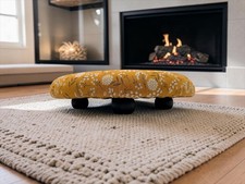 Mustard Yellow Floral Print Round Tufted Floor Cushion hand made. picture