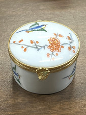 Vtg Porcelaine Malbec Limoges France Hinged Trinket Box BlueBirds Orange Blossom picture