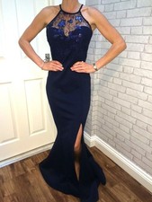 Lipsy  Navy Blue Maxi Dress 12 Sequin Side Split Occasion Wedding Guest Halter picture