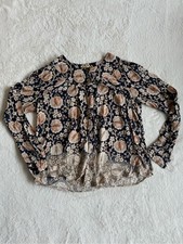 Maeve Anthropologie Floral Woodblock Blouse Navy Tan Boho S picture