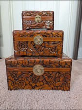 3 Vintage Hand Carved Brown Chinese Bird Camphor Wooden Floral Trinket Boxes picture