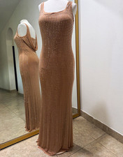 Windsor Women's Beige Rhinestone Mesh Maxi Dress Scoop Neck Cowl Back Lined L picture