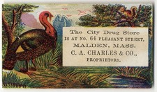 Malden MA CITY DRUG STORE Pleasant St TURKEY 1880's Victorian Trade Card picture