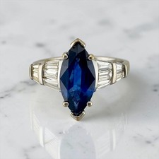 Vintage 18k White Gold Marquise Dark Blue Sapphire & Baguette Diamond Ring picture