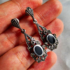 Vintage Sterling Silver 925 Onyx Marcasite Art Deco Style Dangle Earrings picture