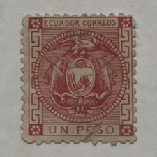 RARE 1872 ECUADOR 1 PESO STAMP #11 COAT OF ARMS PINK CARMINE picture