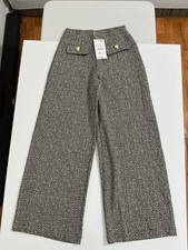 Zara Tweed Wide Leg Pants Womens S Black White High Waist Gold Button NWT picture