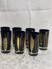 Vtg Fred Press Black Fish 22K Gold Highball Glasses Set of 7  Barware picture