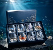 LUXURY NEW Artisanal Blue Ringed Octopus Glassware, 3D Sea Whale Wine Glasses picture