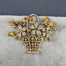 Vintage Estate Brooch Flower Basket Orange Rhinestone Faux Pearl Gold Tone READ picture