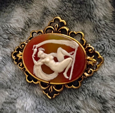 Antique Shell Cameo Brooch Pin Gold Tone Filigree W/ full Figure Water Maiden picture